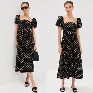 Reformation Dress Marella Polka Dot Black Ritz Puff Sleeve Linen Midi Dress 4